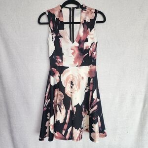Rose Print Size S Black Pink Floral Cocktail Dress With Deep V Neck